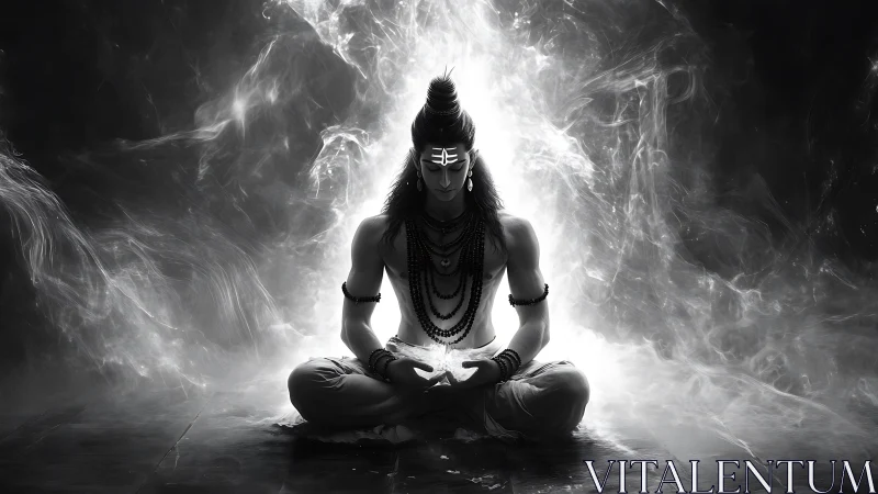 Monochrome meditating figure with stylized energy field.