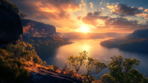 High-dynamic-range sunset landscape with reflective river basin