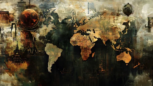 Abstract geopolitical world map merges cartography and urban texture