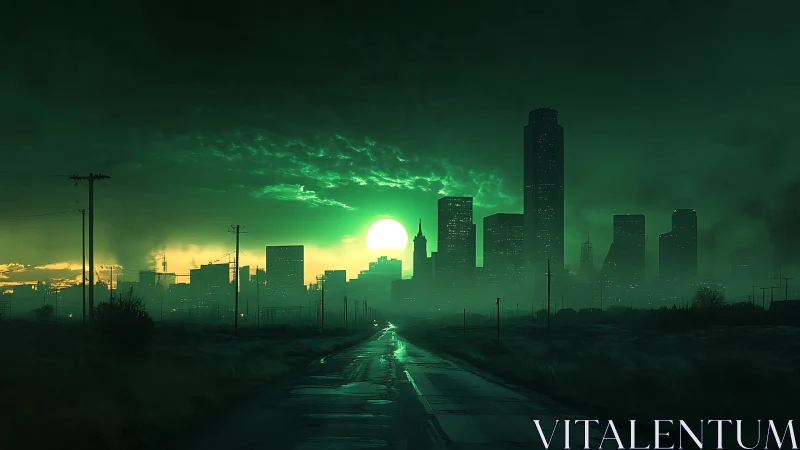 Green-hued city skyline with distant towers at sunset.