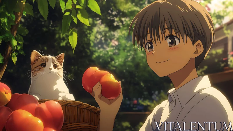 Boy with cat and peaches in outdoor animated marketplace scene.