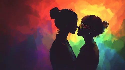 Silhouetted Figures Against Vibrant Rainbow Gradient Background with Atmospheric Lighting