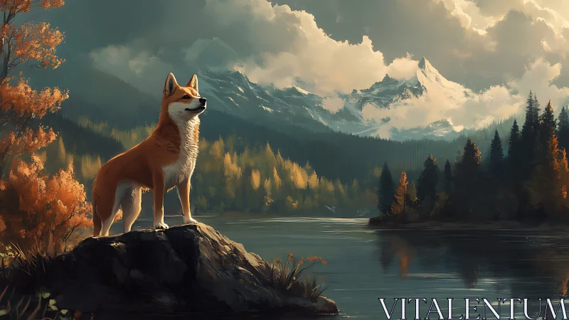 Dog standing on lakeside rock before distant snowy mountains.