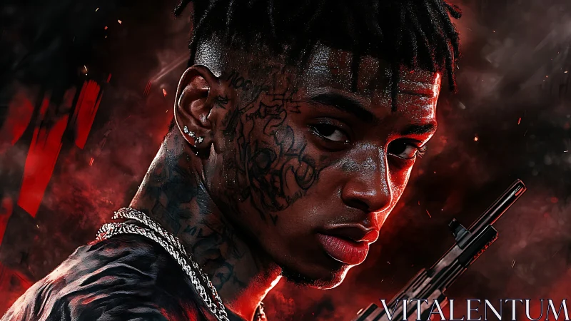 Tattooed urban portrait with cinematic red backlighting.