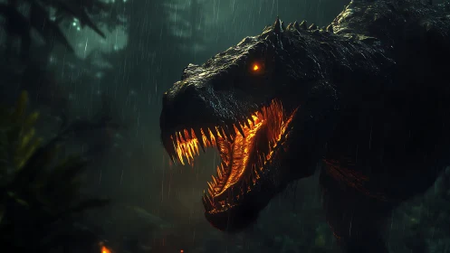 Fiery eyed jungle dinosaur roaring in the midnight rain.