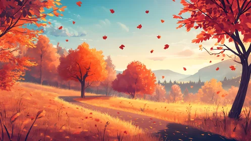 Curved path passes through digitally rendered autumn trees