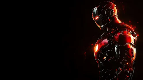 Cybernetic armored figure in red side profile, high contrast.