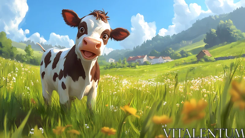 Playful calf standing in sunny green meadow landscape.