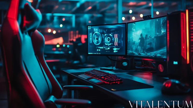Dual-monitor gaming workstation in low ambient lighting setup.