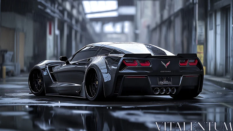 Sleek black sports car waits in the rain with bold confidence