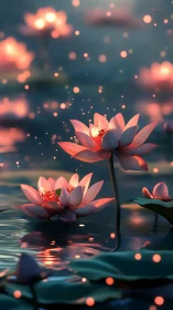 Glowing lotus blossoms illuminate a tranquil twilight pond.