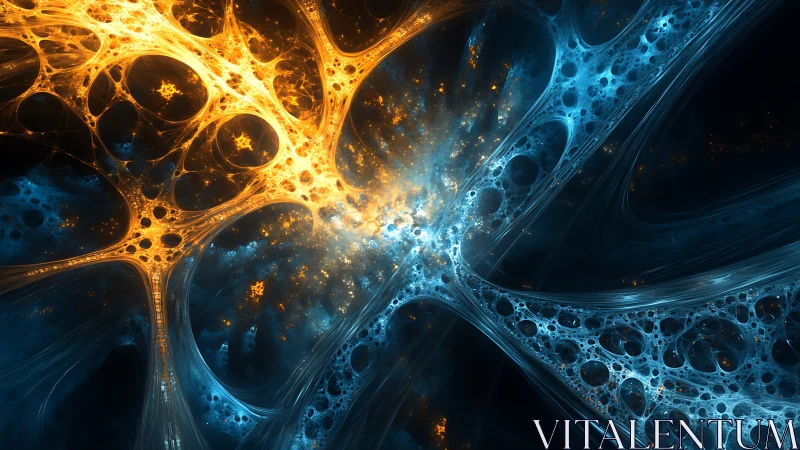 Fractal plasma lattice with intersecting blue and gold networks.