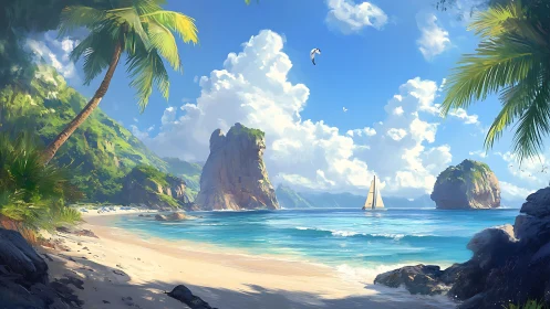 Tropical Coastal Landscape with Rock Formations and Sailboat