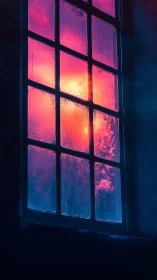 Moody window glows with neon sunset beyond the glass.
