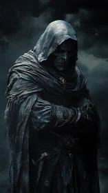 Hooded skeletal wraith in tattered cloak against dark sky.