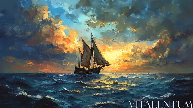 Oil-rendered schooner cutting waves under turbulent chromatic sky.