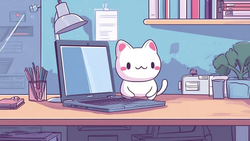Cute cartoon cat mascot sits on laptop in cozy workspace.
