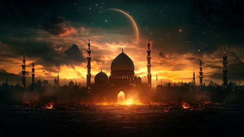 Burning desert mosque under crescent eclipse sky at dusk.