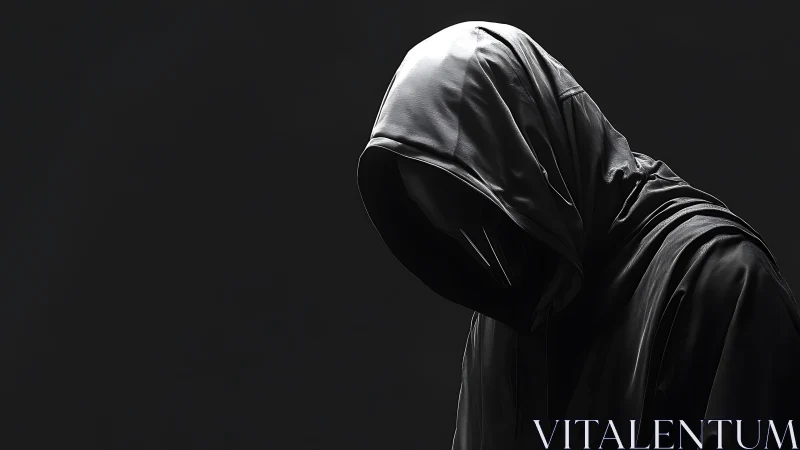 Hooded silhouette in dramatic low key monochrome lighting.