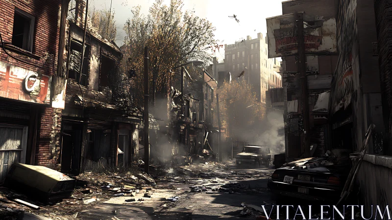 Desolate urban alleyway under hazy post-apocalyptic light.