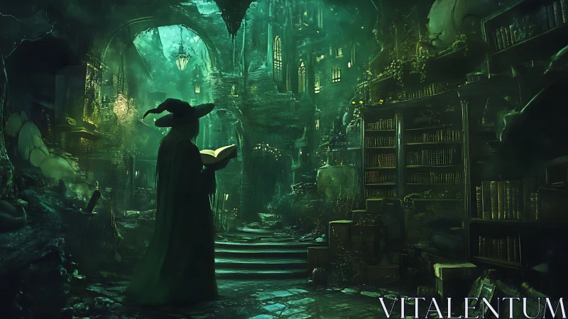 Mystic witch studies spellbook in ancient green library.