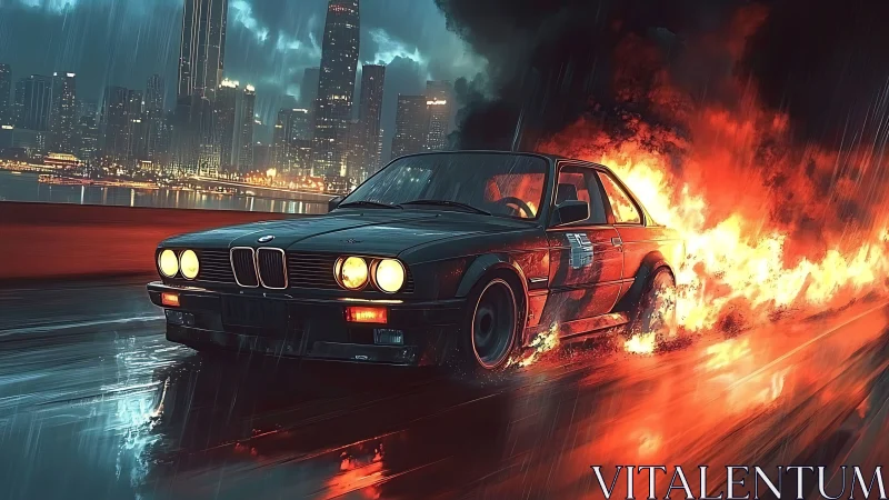 Midnight rain ignites a retro coupe roaring through neon fire