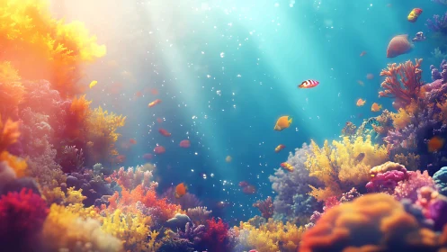 Sunlit coral kingdom where tiny reef fish wander slowly.