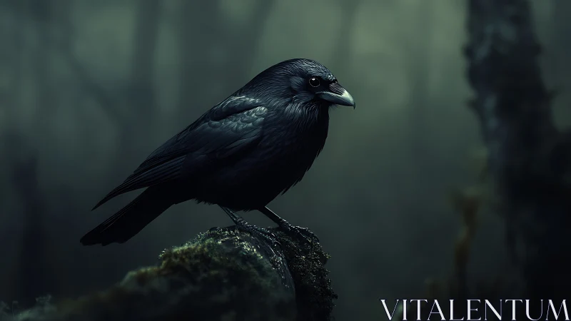 Black Raven Perched on Moss-Covered Stone.