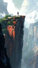 Lone traveler stands on a sunlit cliff above misty canyon.