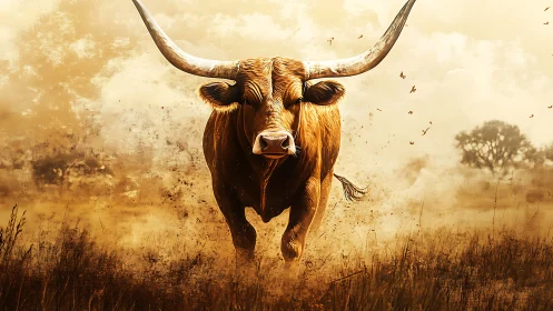 Longhorn bull charging through dusty golden grassland.