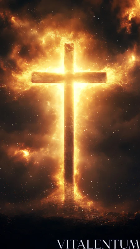 Incandescent cruciform silhouette framed by turbulent fiery nebula