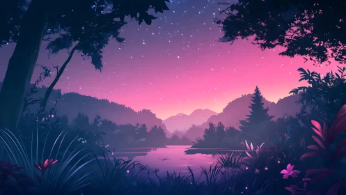 Twilight river landscape under starry gradient sky.