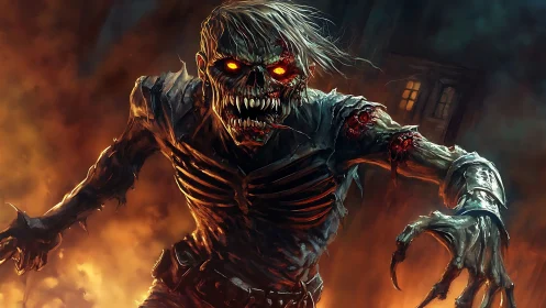 Burning undead creature lunges forward through firestorm