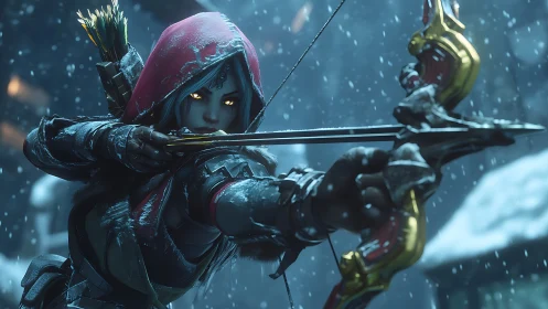 Winter huntress draws a glowing bow in swirling snowfall.