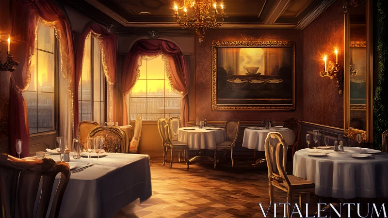 Interior view shows formal dining room lit by sunset window