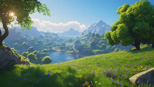 Sunlit game-valley meadow kissing a crystal-blue lake.