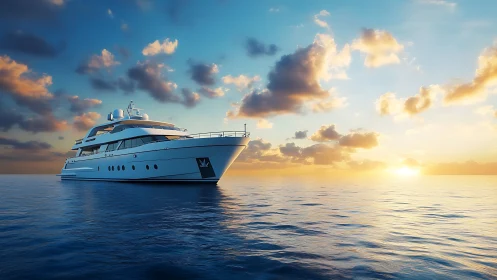 Luxury yacht glides across a golden ocean at tranquil sunset