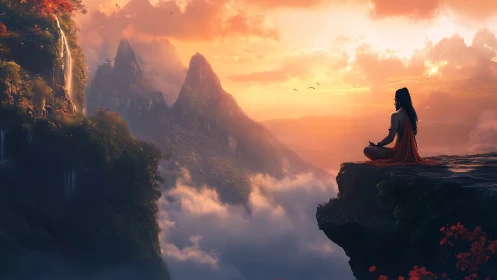 Sunrise meditation above drifting clouds and quiet peaks.