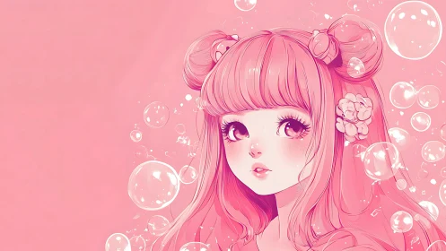 Pink monochrome anime girl portrait with floating bubbles.