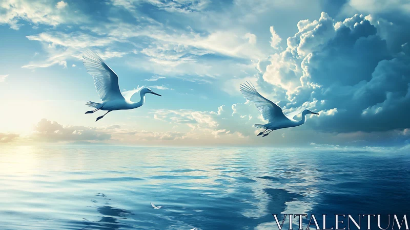 White egrets in flight over calm reflective ocean water.