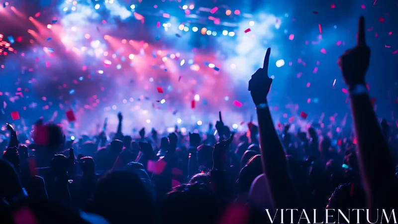 Concert crowd under pink and blue stage lights at night.