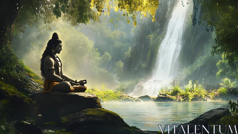 Meditating deity by misty waterfall in emerald forest sanctuary.