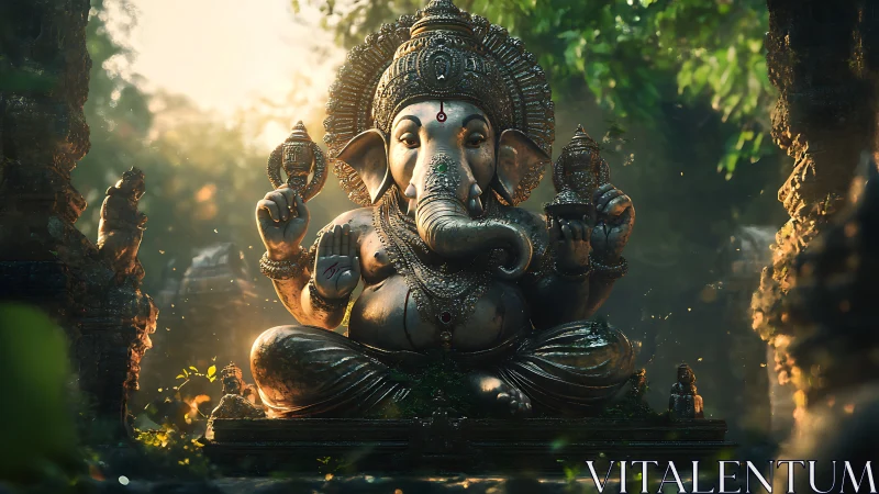Sunlit forest shrine lets serene Ganesha glow through leaves