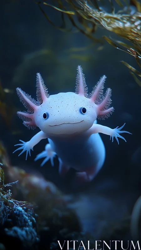 Bioluminescent axolotl drifting in blue-tinted aquatic kelp habitat
