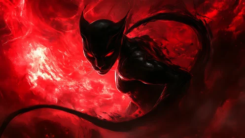 Shadowed feline humanoid in swirling red abstract space.