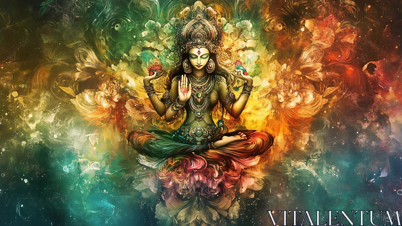 Multilimbed deity figure in colorful abstract digital space.