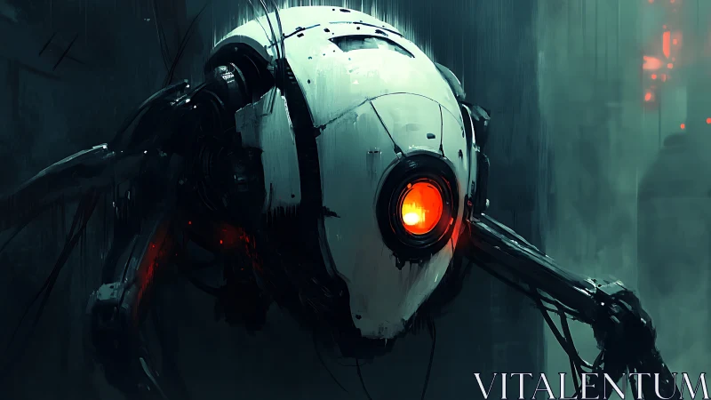 Spherical robot with red eye in dark industrial rain.