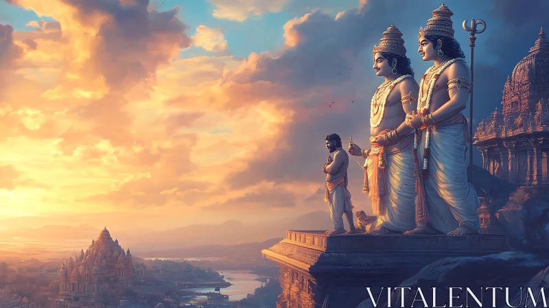 Divine cliffside guardians overlooking radiant river temple.