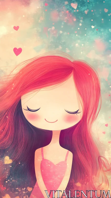 Serene Portrait with Flowing Pink Hair and Atmospheric Heart Motifs.