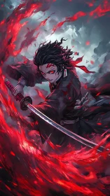 Fierce anime swordsman riding a storm of glowing crimson fire.